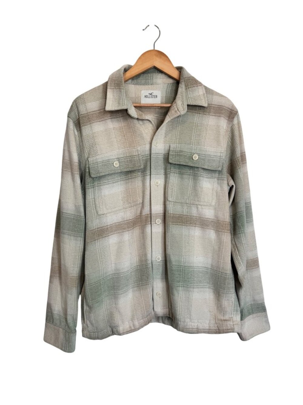 Hollister Beige Green Plaid Button-Up Shacket Two Front Pockets Size Large